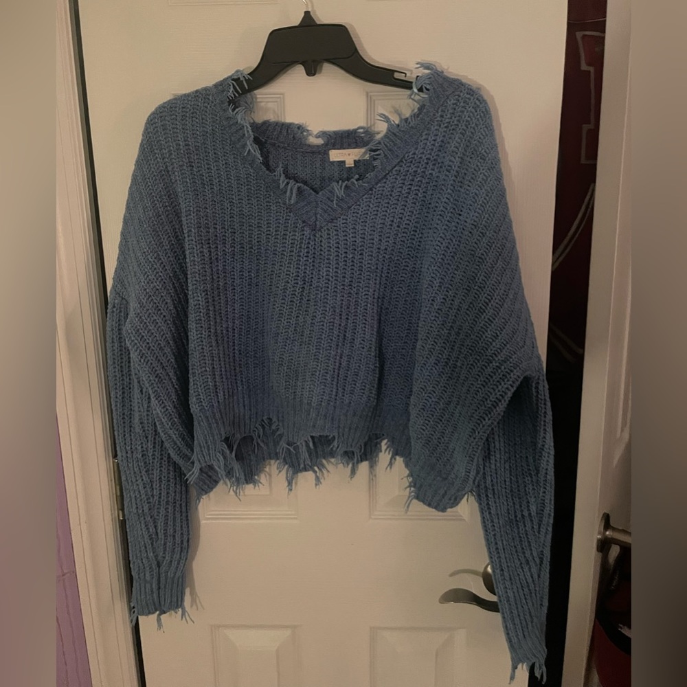 Blue Distressed Knitted Sweater